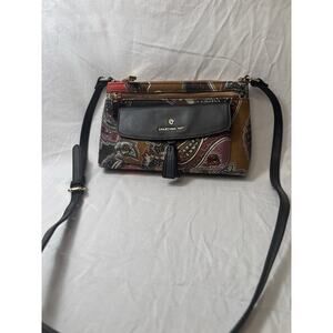 Spartina 449 Women's Purse Brown Tan Canvas Colorful Floral Leather Trim